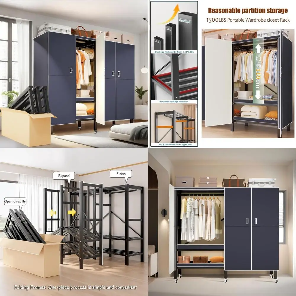 Portable Heavy-Duty Metal Clothes Rack with Magnetic Door, Foldable Covered Wardrobe System for Hanging Clothes and Storage