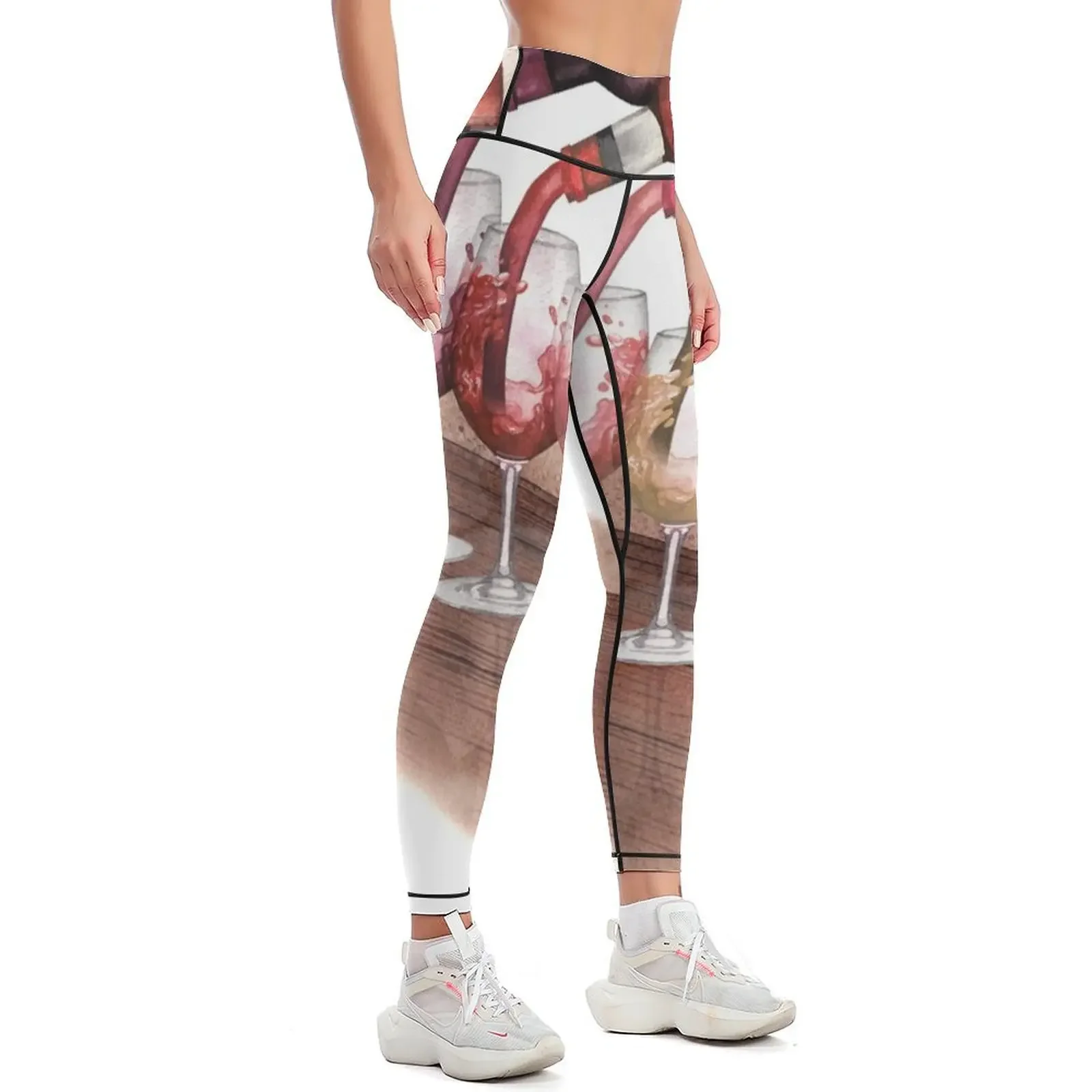 Watercolor red, white and rose wines pouring from bottles into glasses standing on a wooden table Leggings
