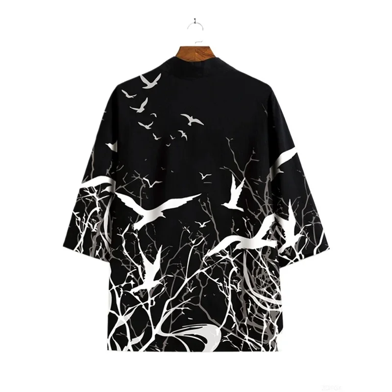 Summer Taoist Robe for Men, Loose and Trendy, Printed Cape with Cross Shore Flower, Thin Jacket, Half Sleeved Cardigan Top