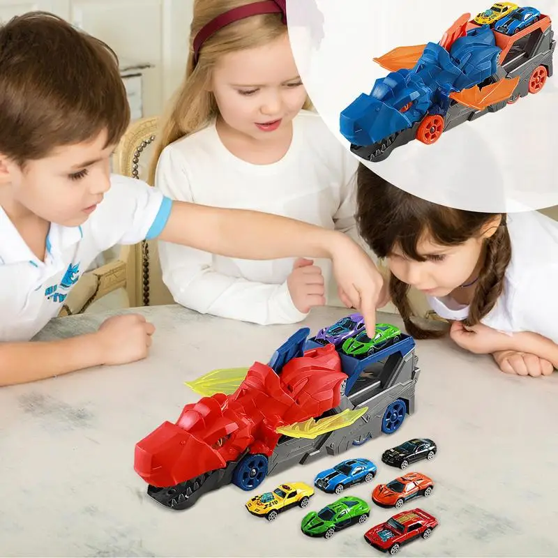 Dinosaur Car Toy Inertial Sliding Dino Car Truck Track Toy Funny Dino Truck Toy With 6 Racing Vehicles For Over 3 Years Old Boys