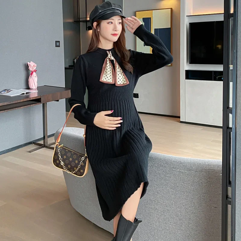 

Maternity Clothes Hot Fashion New Look Thin Autumn Korean Style Solid Black Elegant Dress for Mummy Maternity Clothings Cravat