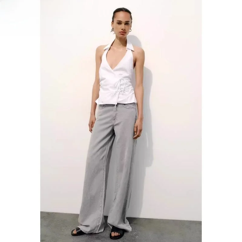 

New 2024 Summer Women's High Waist Wide Leg Jeans Versatile Straight Cut Long Pants Pure Color Denim Casual Faion