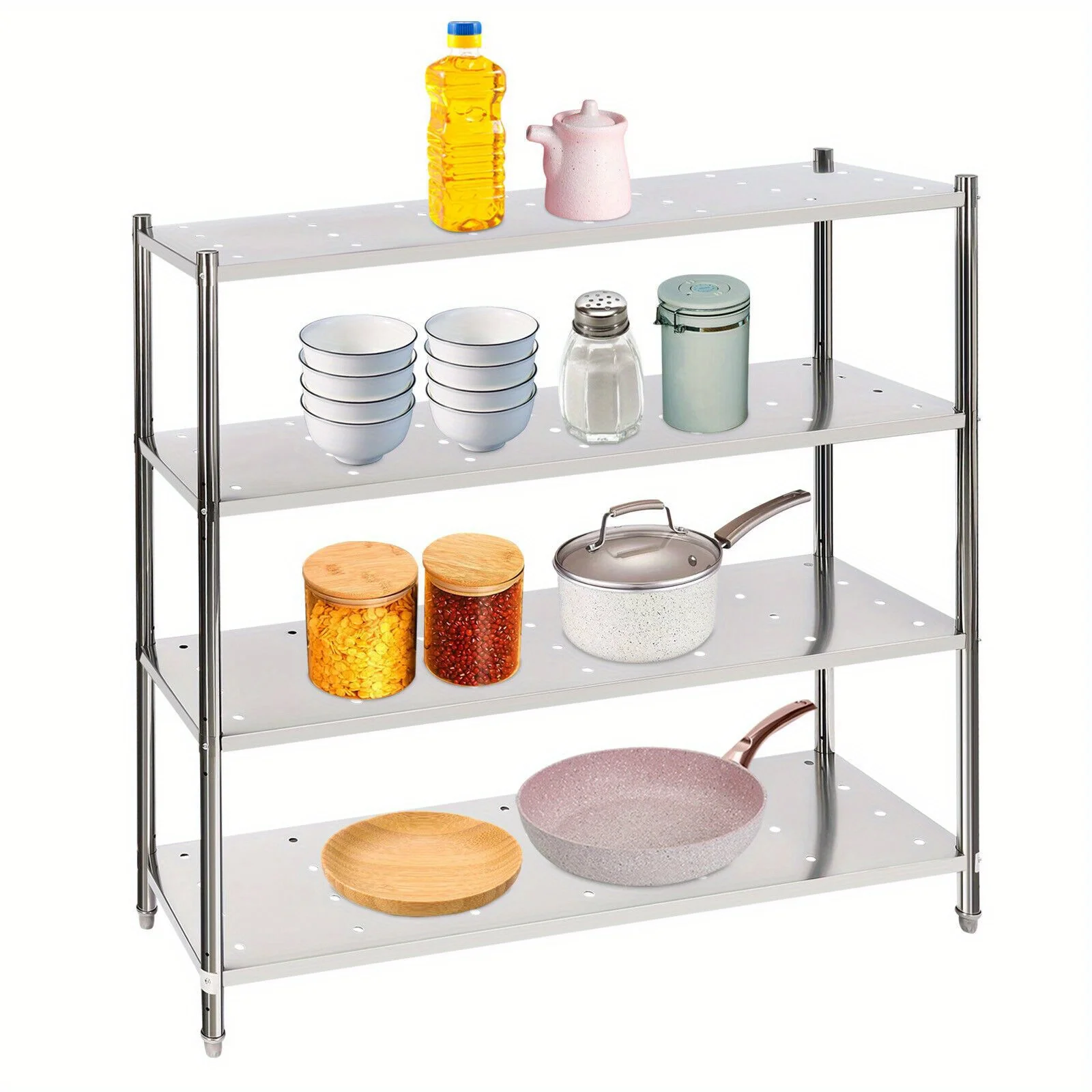 Stainless Steel Storage Rack 4Tier Commercial Shelving Unit with Adjustable Height for Restaurant Warehouse Logistics Center Use