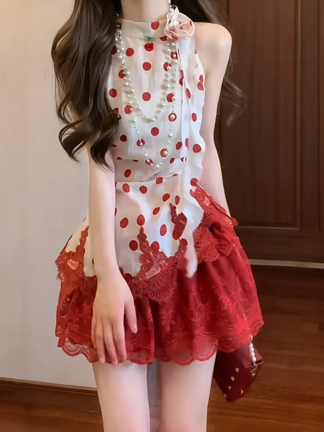 

Red Polka Dot Halter Neck Vest Women's Summer Lace Hem Anti-Aging Girl Feeling Spicy Style Slim Fit Breathable Short Length