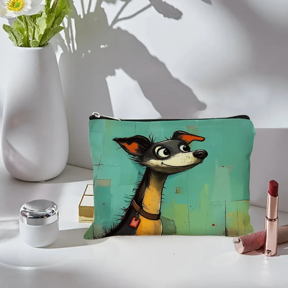Una simpatica borsa per il trucco con motivo volto di cane con sfondo verde acqua: custodia multifunzionale con cerniera, borsa per riporre gioielli
