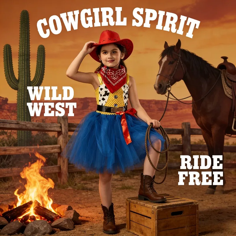 

Western Cowgirl Cosplay Dress Cowboy Style Puffy Tutu Dress Breathable Stage Performance Costume Role Play Party Outfit Lovely
