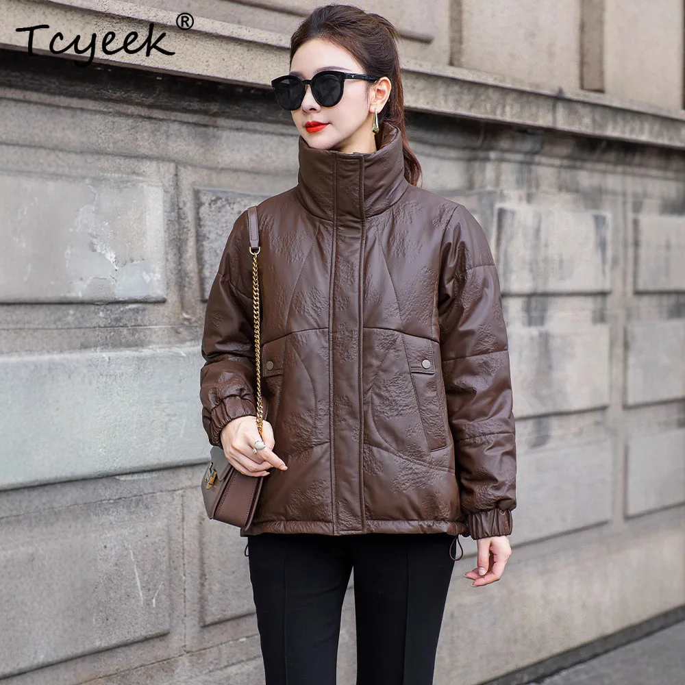 Tcyeek Sheepskin White Duck Down Autumn Winter High End Lapel Dark Brown Women's Genuine Leather Jacket Женская Кожаная Куртка
