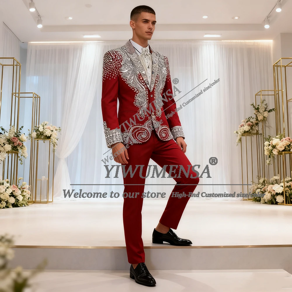 

Блестящие мужские костюмы со стразами и бисером на свадьбу, комплект из 2 предметов, однобортный пиджак, брюки, индивидуальный смокинг жениха, костюм Homme