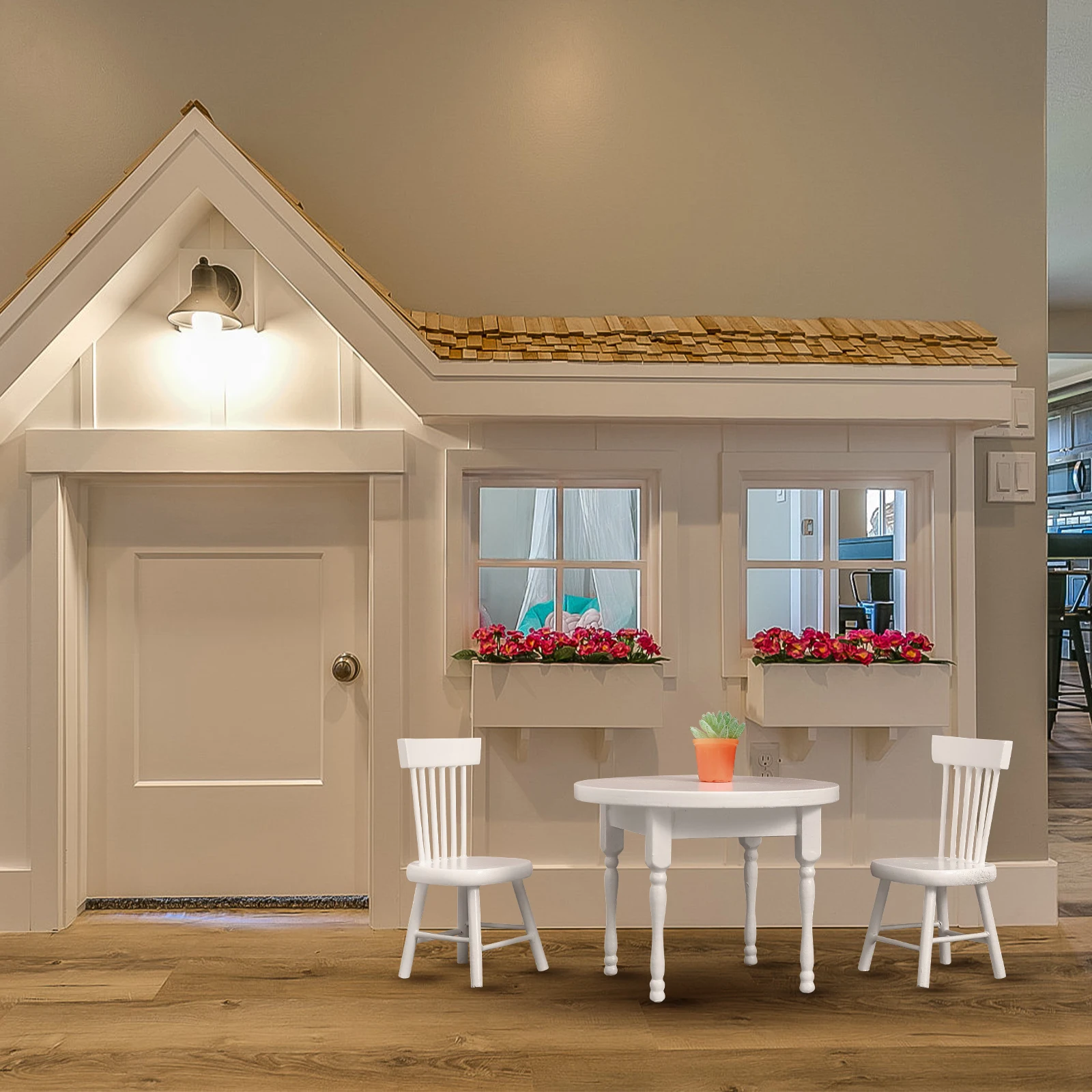 

White Round Table Set Wooden Miniature Dollhouse Kitchen Accessories Birch Tea Model Decor Toy Simulation Furniture Toys Mini