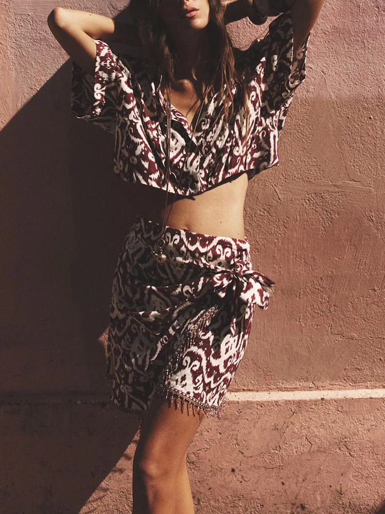 Ele Summer 2025 Women's Printed High Waist Skirt Tassel Trim Vaion Sle Commute Stand Fit Other Material 00%