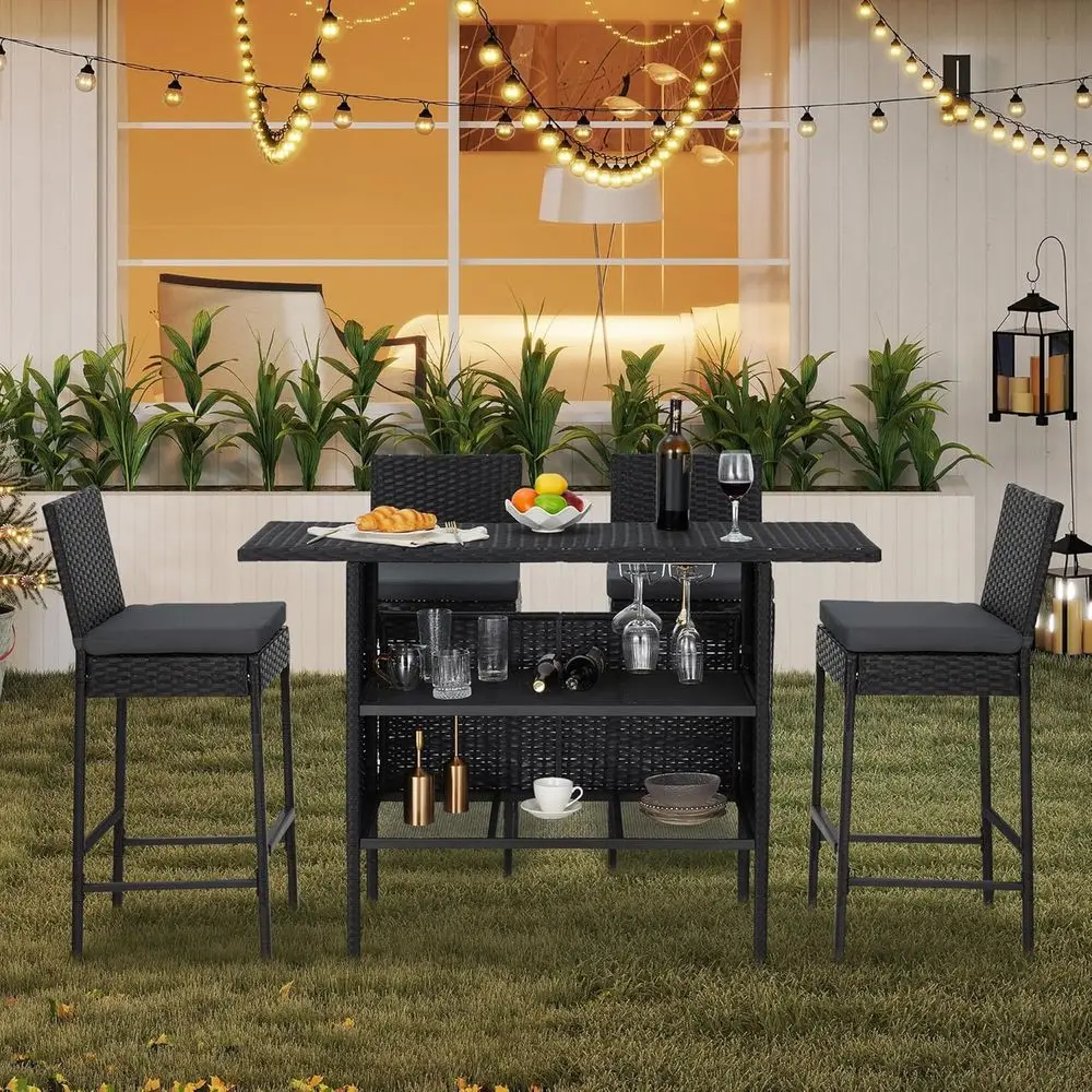 

Black 5-Piece Wicker Patio Bar Set with Cushions and Smooth Top Table