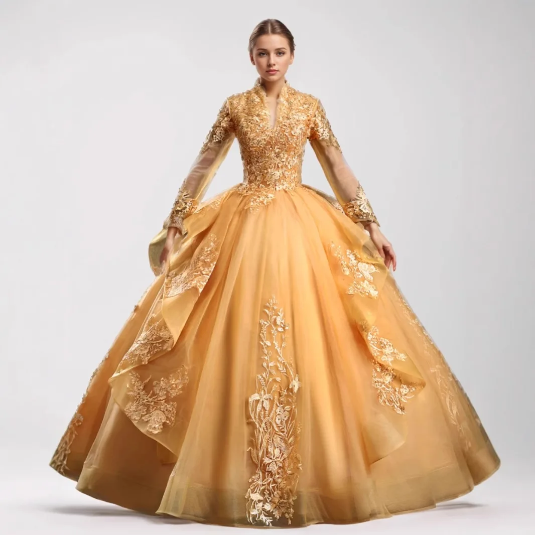 New Women's Gold Ball Gown High Neck Long Sleeve Lace Applique Prom Dress Vestidos