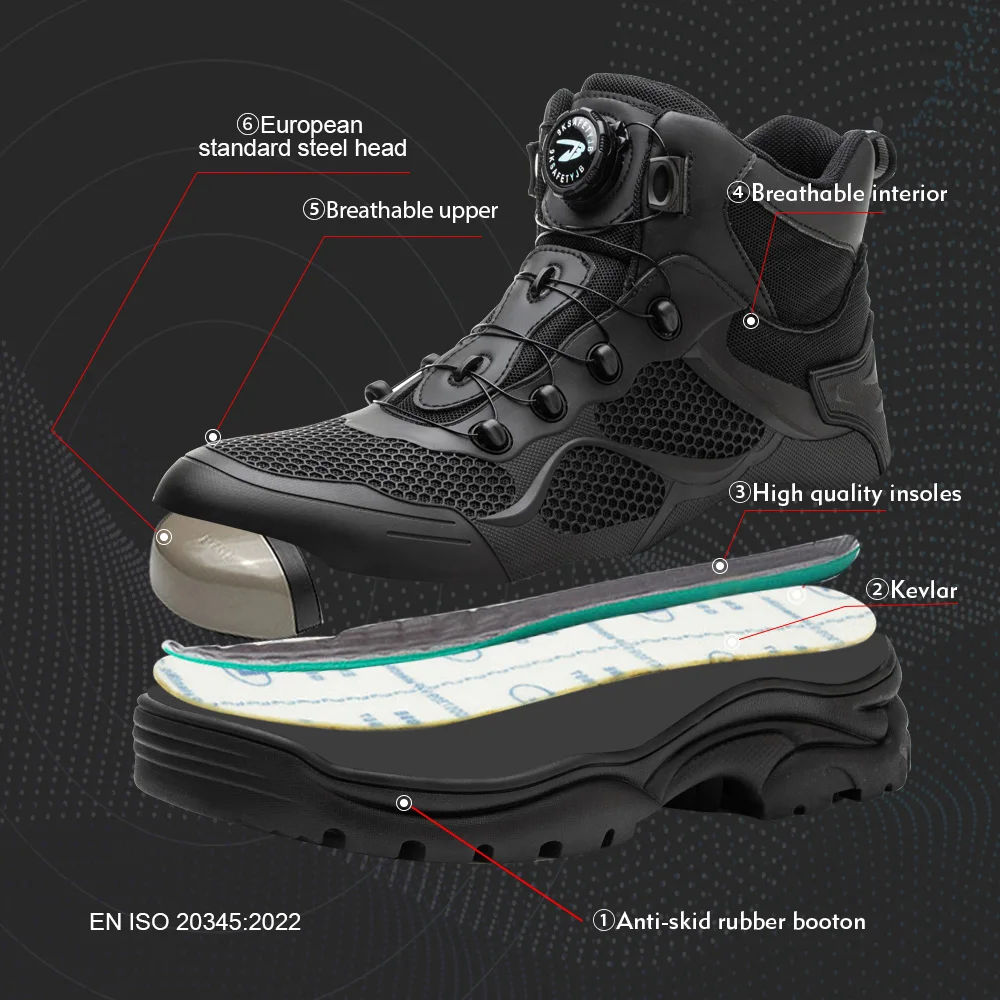 Knob Lacing New Work Boots Safety Steel Toe Shoes Men Protective Shoes Anti-smash Puncture High Top Safety Boots Male Sneakers