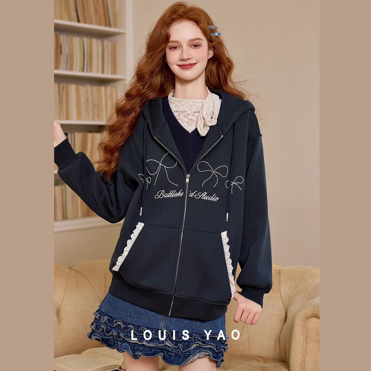 LOUIS YAO Color Contrasting Letter Bow Pattern Embroidered Hooded Jacket 2025 Winter Casual Hooded Thick Top Cardigan