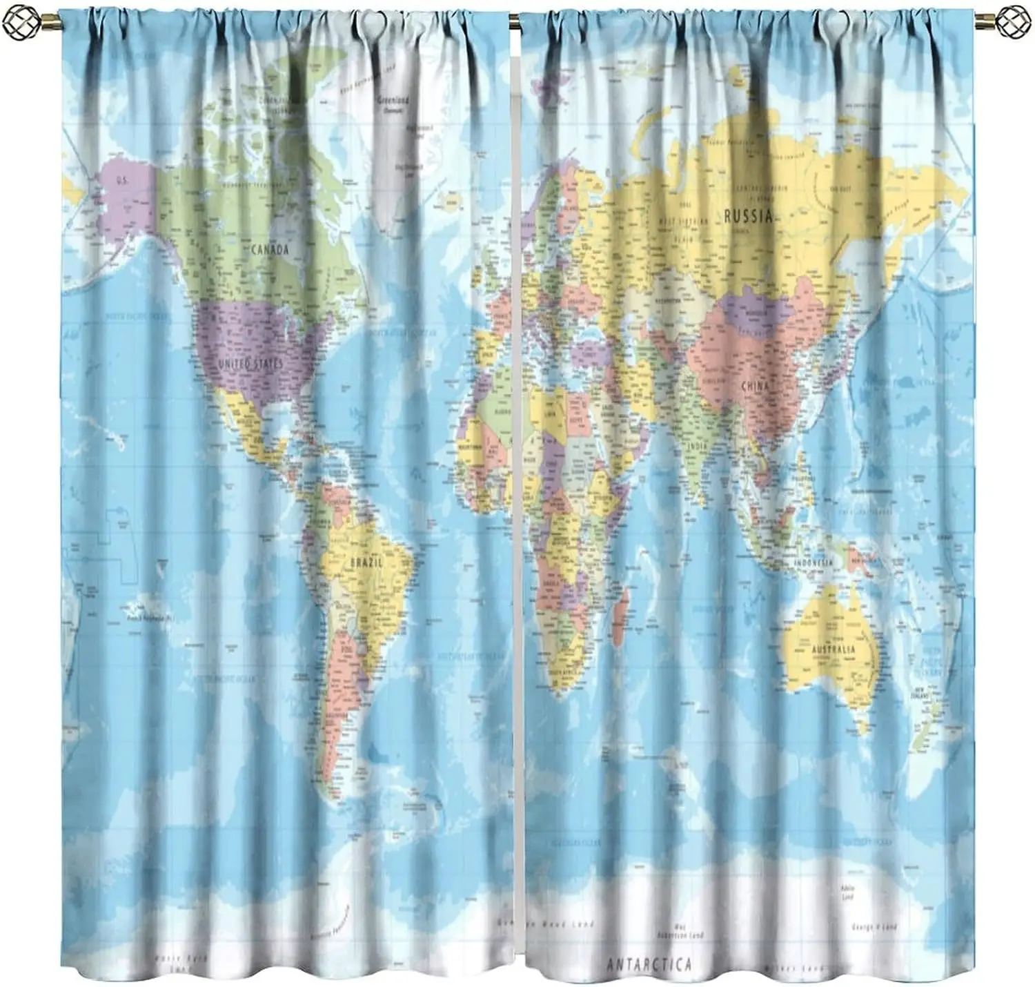 Rideaux Carte du Monde Colorée avec Noms de Pays, Continents et Océans – Draperies de Fenêtre pour Chambre d'Enfants Garçons et Filles