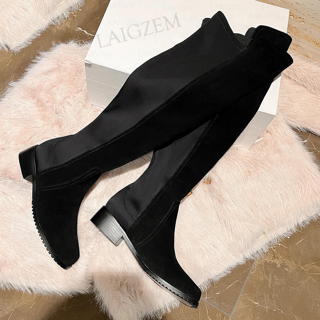 LAIGZEM Women Over Knee Boots Elastic Suede Round Toe Pull On 3CM Low Heeled Boots Over Knee Shoes Woman Large Size 36 39 41 44