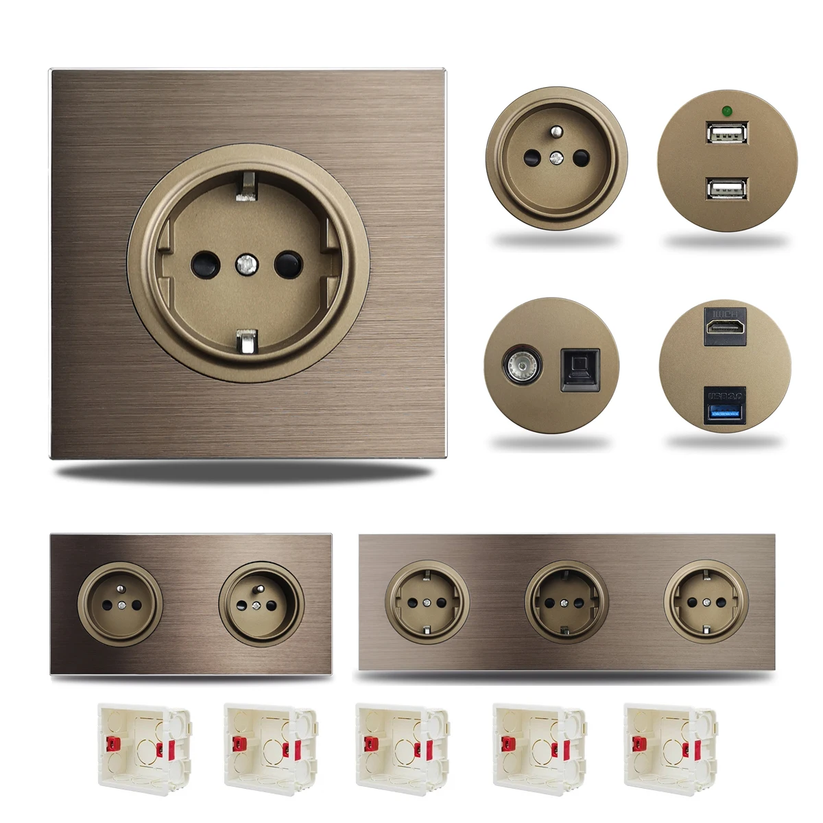 EU Frans stopcontact elektrische wandcontactdoos geborsteld bruin aluminium 1-5 poorten plaat USB oplaadpoort RJ45 CAT6 bekabeling stopcontact - afbeelding 2