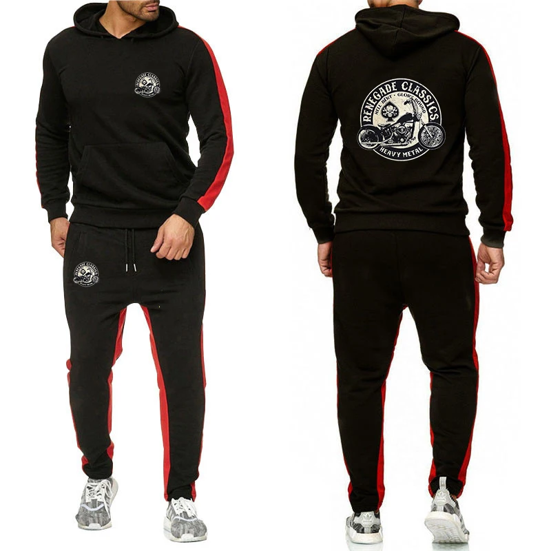 

2024 Vintage Glory Bounds Motorcycle Men Solid Color Set Casual Pullover Hoodie+Trousers Comfortable Simplicity 2 Pieces Suit