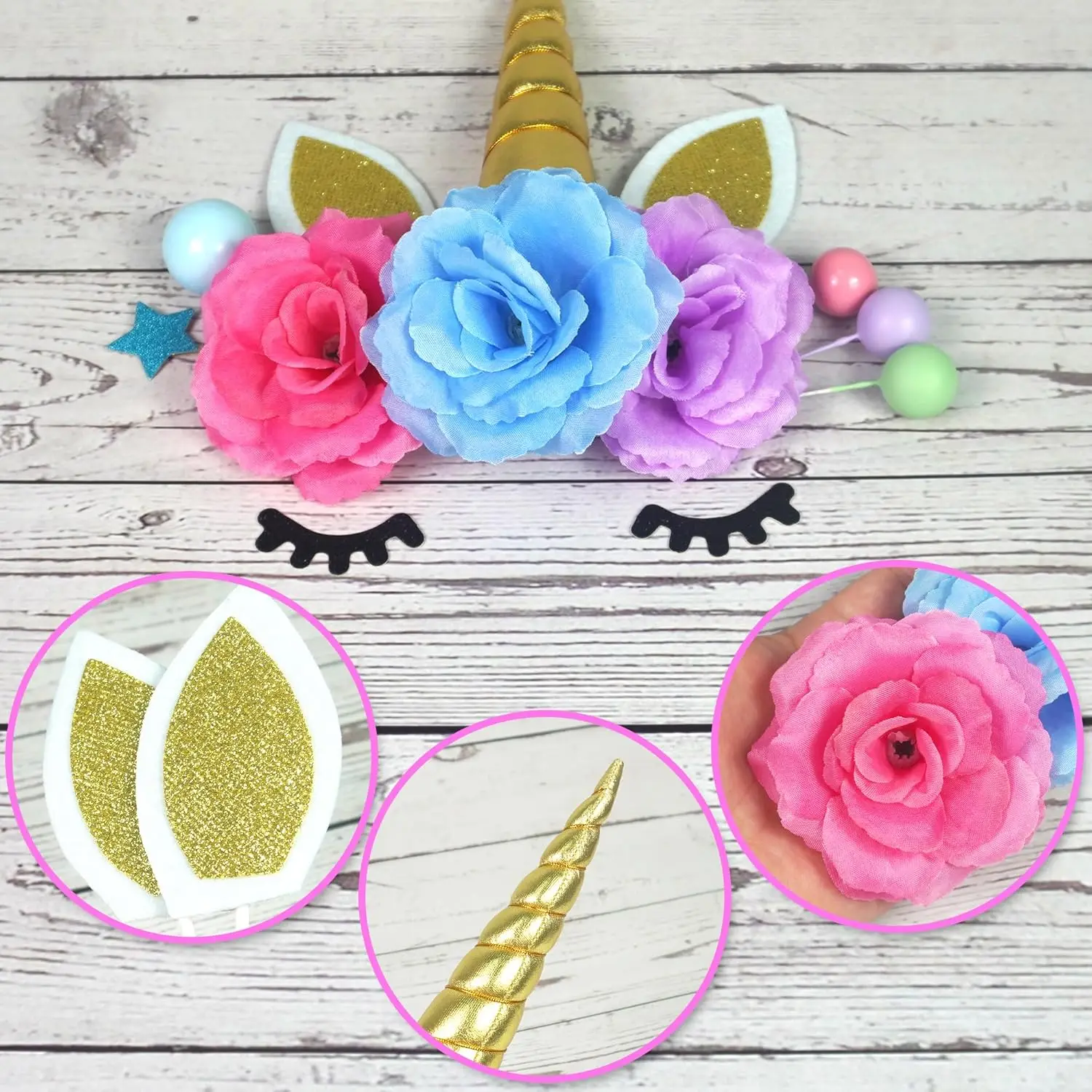 38-teiliges Einhorn-Kuchenaufsatz, Einhorn-Kuchendekorationen mit Blumen, Kugeln, Sternen, für Jungen und Mädchen, Geburtstagsfeier, Babyparty-Zubehör – Detail 3