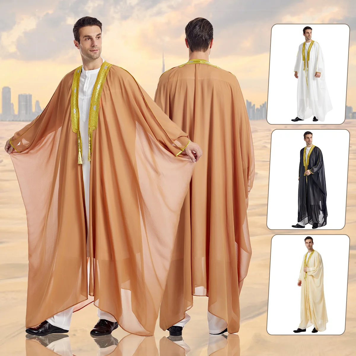 Men's Robe Muslim Clothes Kimono Loose Abaya Dresses Long Sleeve Embroidered Chiffon Kaftan Casual Formal Dubai Thobe