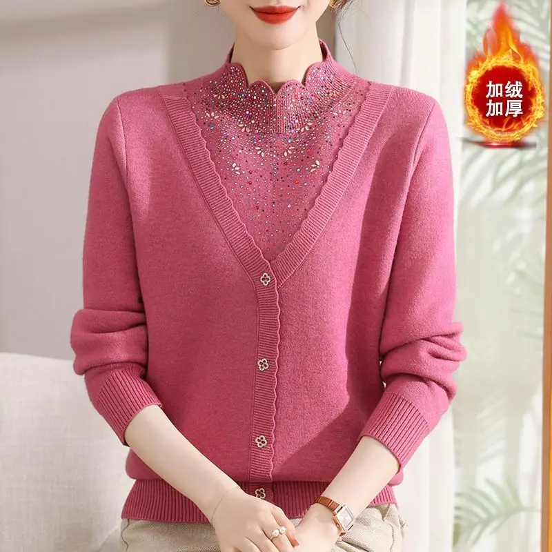 

Middle Aged Mother Thicken Warm Pullover Sweater Winter Fake Two Pieces Knitted Jumper Fashion Fleece Base Wool Sweaters