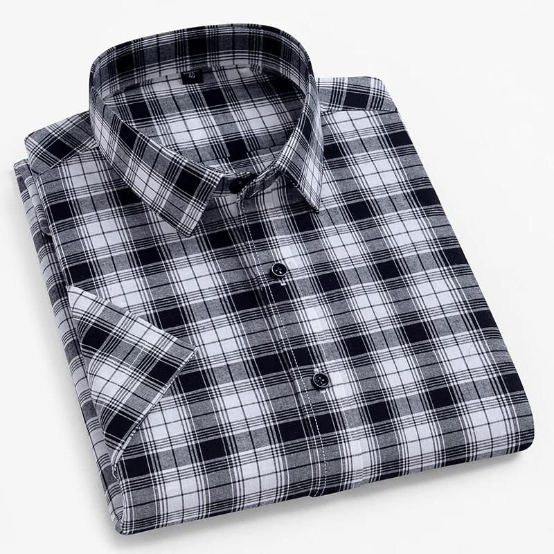 Camisas de algodão xadrez para homens, manga curta, ajuste padrão, camisas casuais sem bolso, camisas clássicas para jovens, bonitas roupas diárias