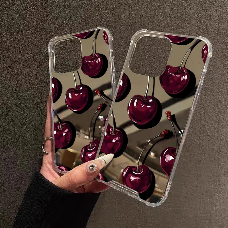 Cute Cherry Pattern Phone Case For Samsung Galaxy S25 S24 S23 S22 S21 Ultra Plus FE A06 A14 A23 A36 A52 A55 Make Up Mirror Cover - náhled 5