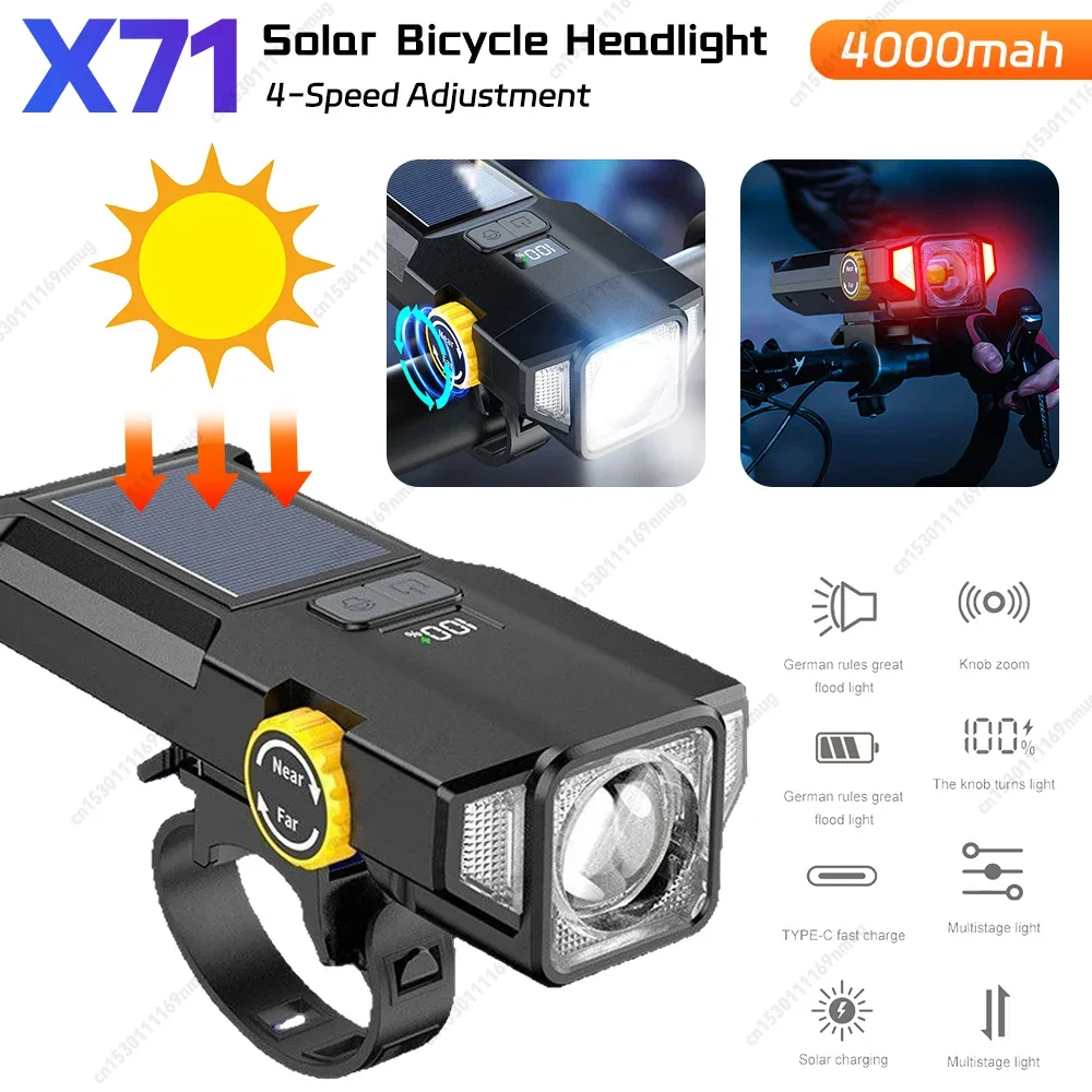 مصباح أمامي للدراجة بالطاقة الشمسية USB قابل لإعادة الشحن لركوب الدراجات، مصباح أمامي آمن 4000 مللي أمبير في الساعة، مصباح يدوي للدراجة عالي السطوع لركوب الليل
