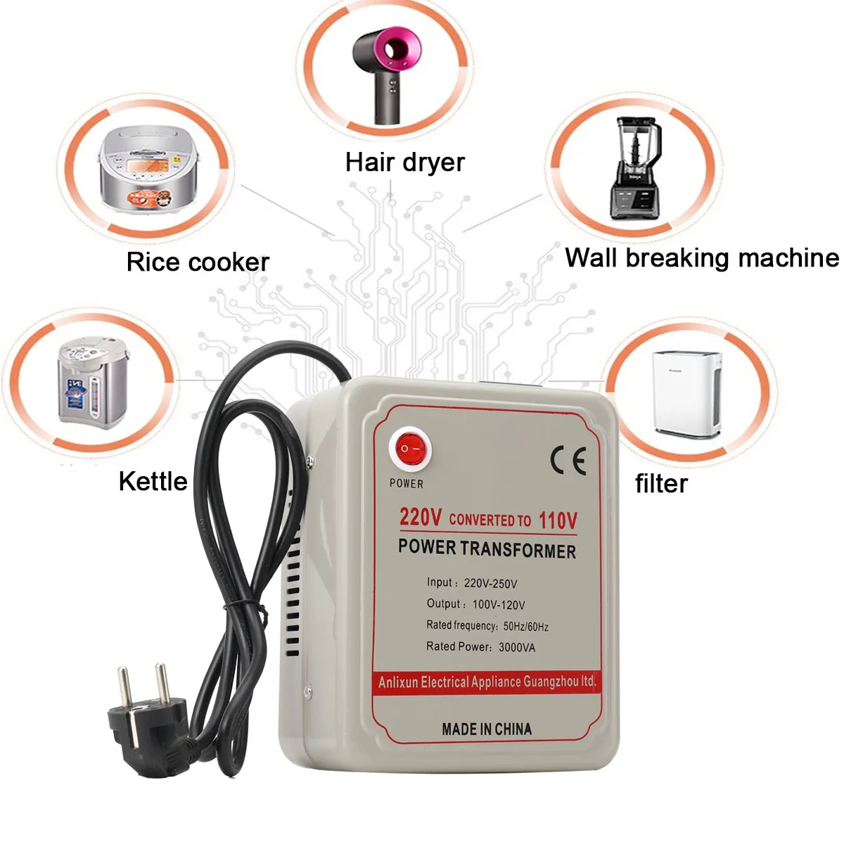Transformador Convertidor de Voltaje de 3000W para Electrodomésticos