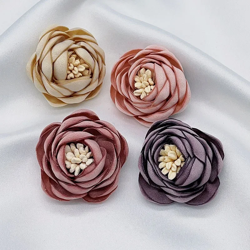 1pcs Artificial Burnt Edge Rose Flowers Head Three-dimensional Flower Bud Hairpin Brooch Accessories Fabric Rose Flower Decor