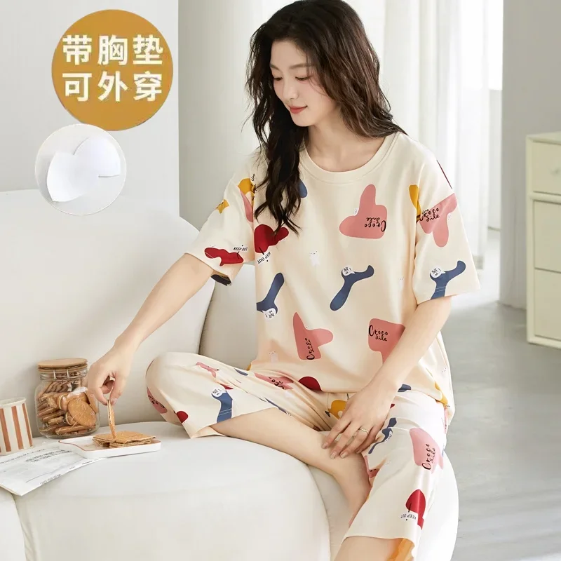 Two-Piece Set Summer Women Pajamas with Bra Pad Short-Sleeved Calf Pant Printed Pullover Sleepwear Ladies Big Size Homewear