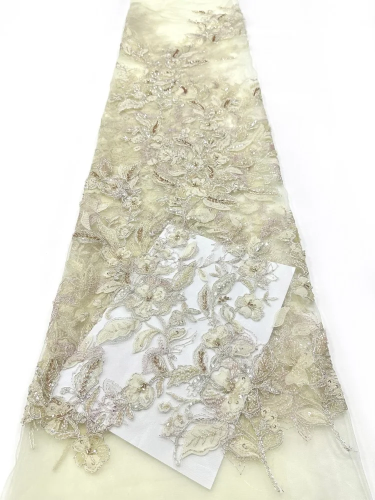 

Fashion Flower Tulle Lace Fabric 2026 High Quality African Beaded Sequins Lace Fabric Nigerian Mesh Lace Prom Wedding Dress