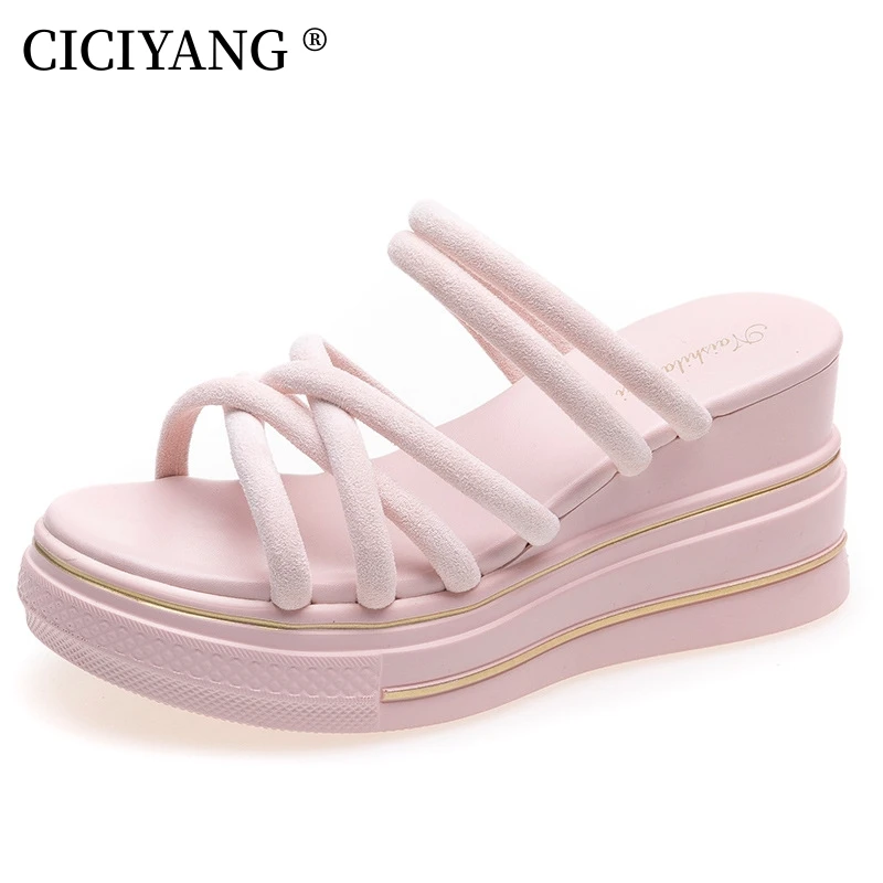 CICIYANG Women's Slippers 8cm High Heel Sandals 2024 Summer New Small Size Flip Flops Ladies Roman Sandals Student Wedge Slides