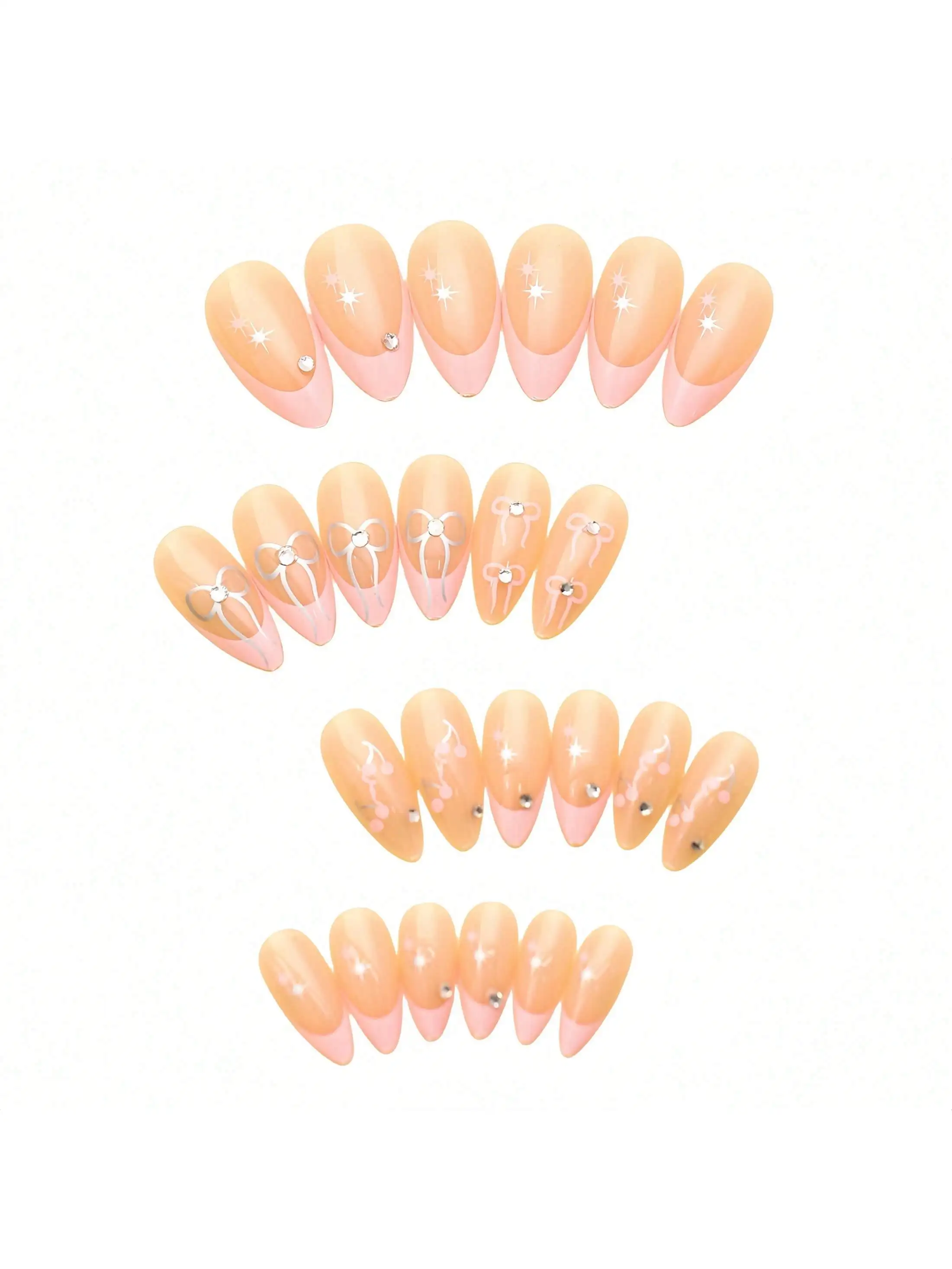 

24Pcs French Almond Fake Nails – Silver Bow Acrylic Set with Jelly Gel & Nail File for Daily/Carnival