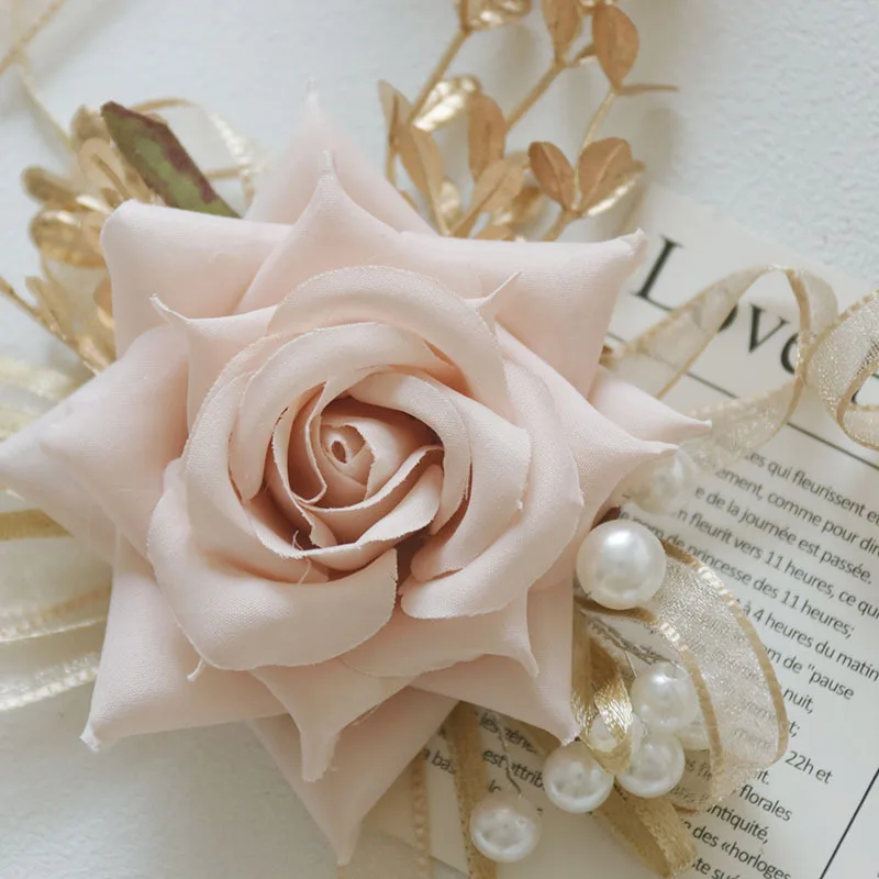 

Boutonniere And Wrist Corsage Wedding Flower Bouquet Western Style Artificial Rose Bride Groom Bridesmaid Man Flesh Pink