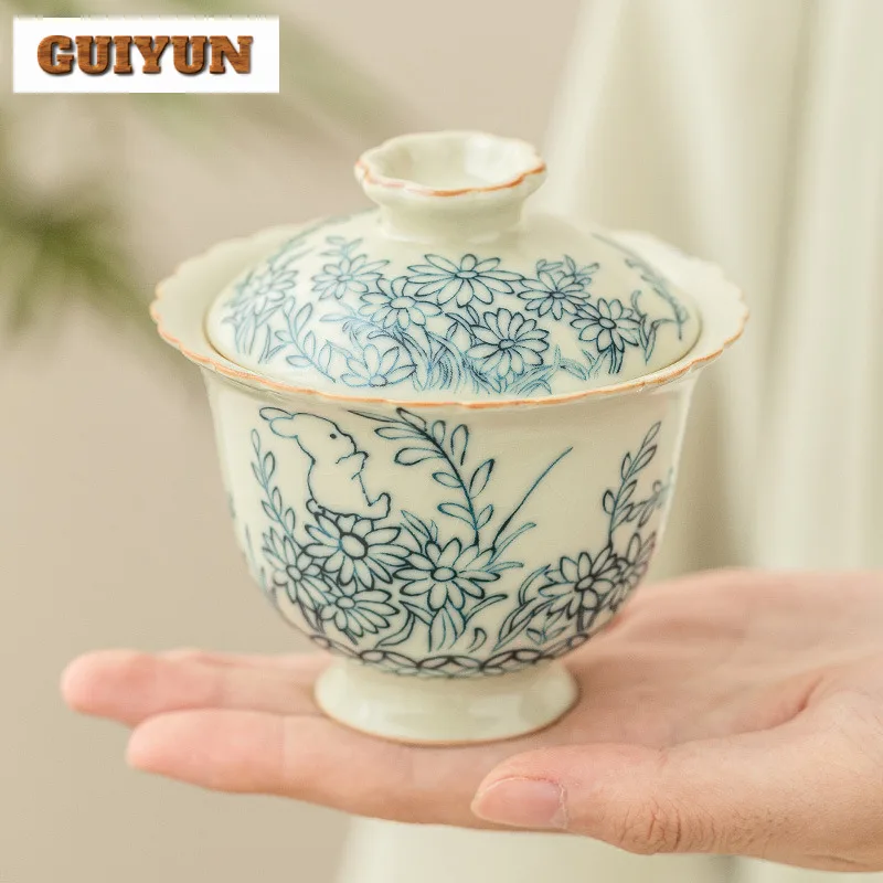 Schattig Konijn Ru Oven Ercai Cover Bowl Chinese Zonnebloem Thee Kom Met Deksel Thee Maker Gaiwan Theekopje Thee Paar Kung Fu Teaset Geschenken