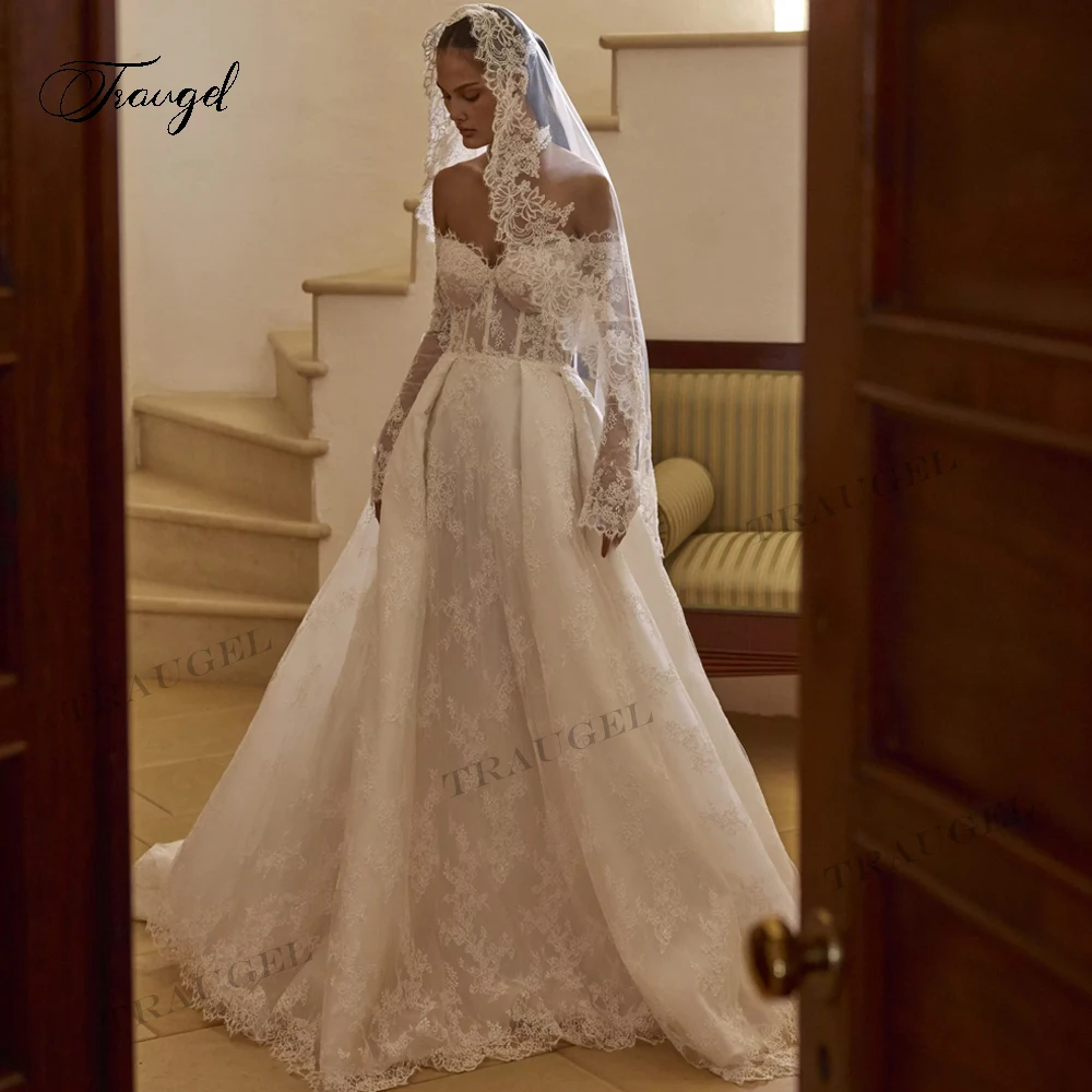 Customizes Romantic Sweetheart Long Sleeve Lace A Line Wedding Dresses Classic Backless Court Train Vintage Vestido De Novia image 3