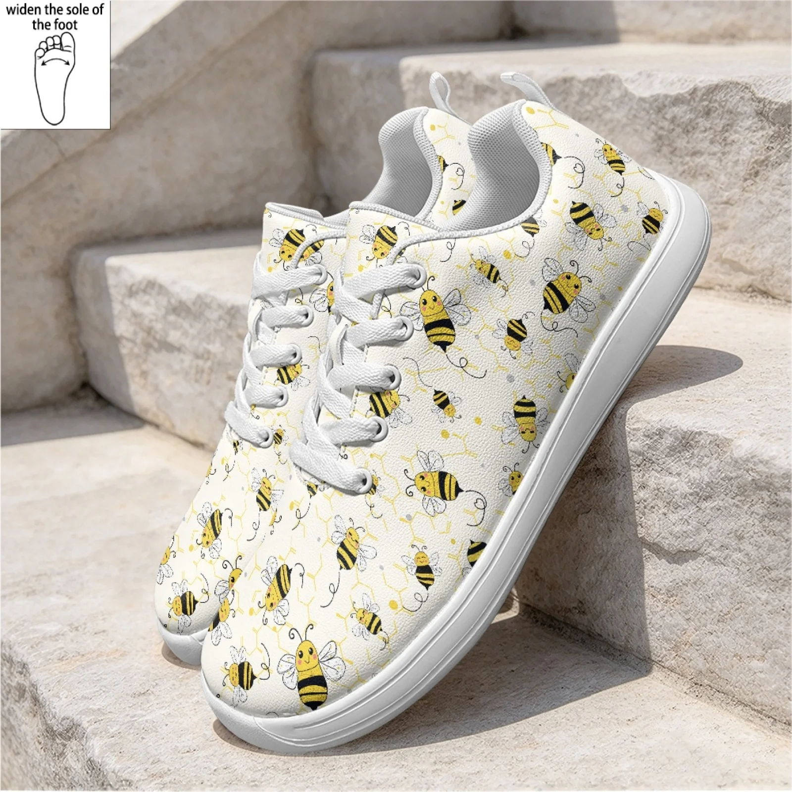 PENSTROLL Bee Pattern Wide Width Lace-Up Comfort Work Shoes Nurse Shoes for Women Walking Standing