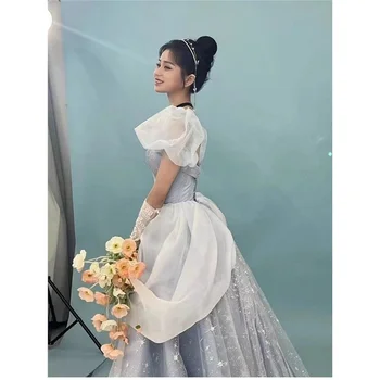 שמלת ערב בסגנון נסיכה כחולה עם שרוולי בועה לנשים, שמלת נשף ז...