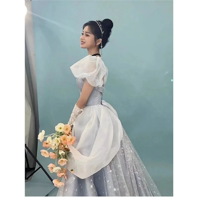 שמלת ערב בסגנון נסיכה כחולה עם שרוולי בועה לנשים, שמלת נשף זוהרת, חצאית ארוכה, צורה מתאימה למסיבות קריוקי, מחומר PU