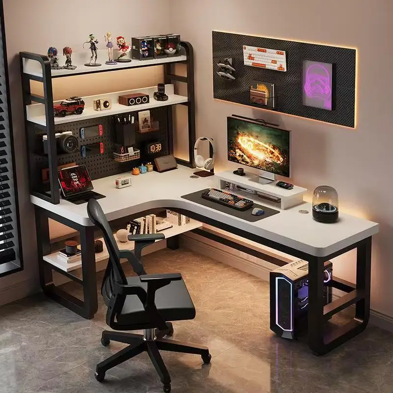 Solid Wood Corner Computer Desk with Integrated Bookshelf for Bedroom and Office Use Dual-Player Gaming Design