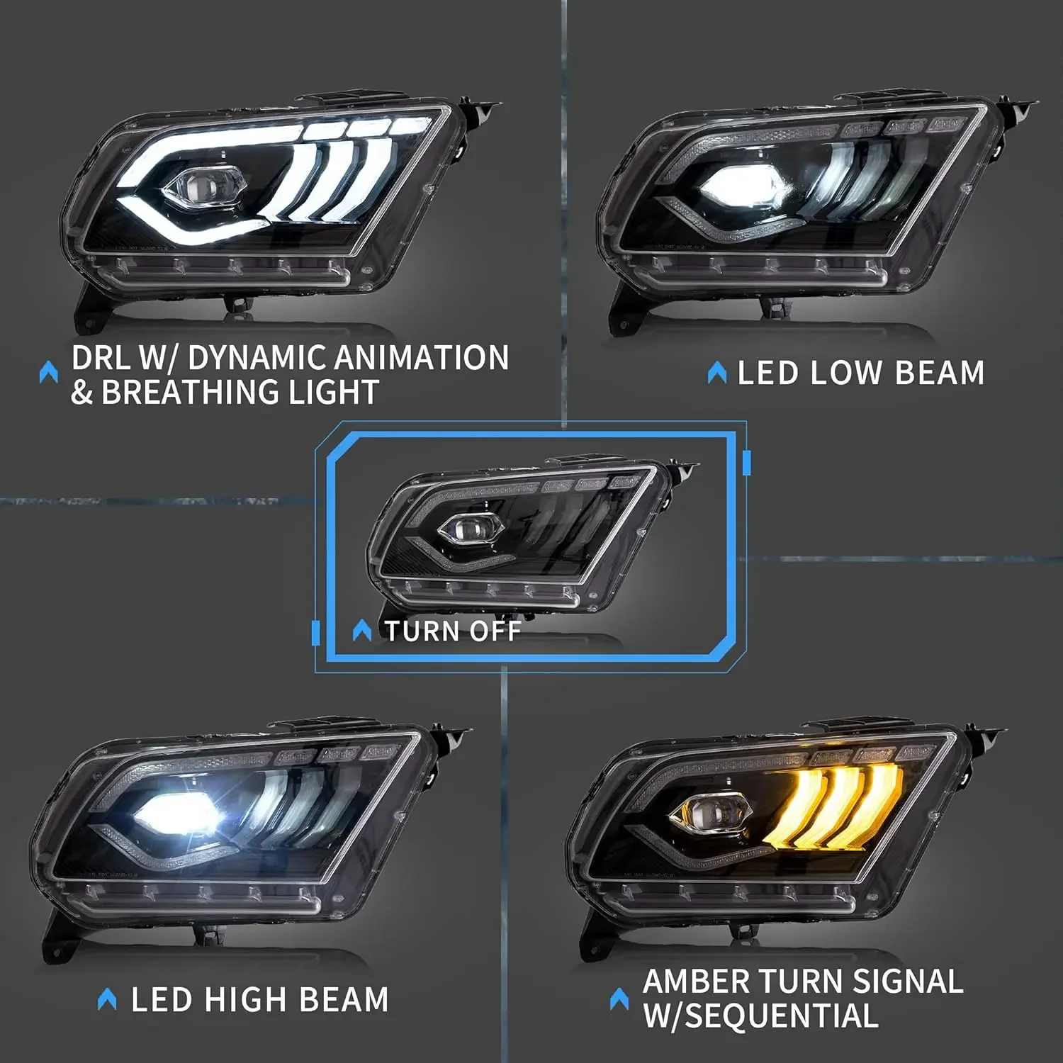 Projector Led Headlights Compatible with Ford Mustang 2010-2014 w/Amber Sequential Turn Signal w/Dynamic Animation& Breath