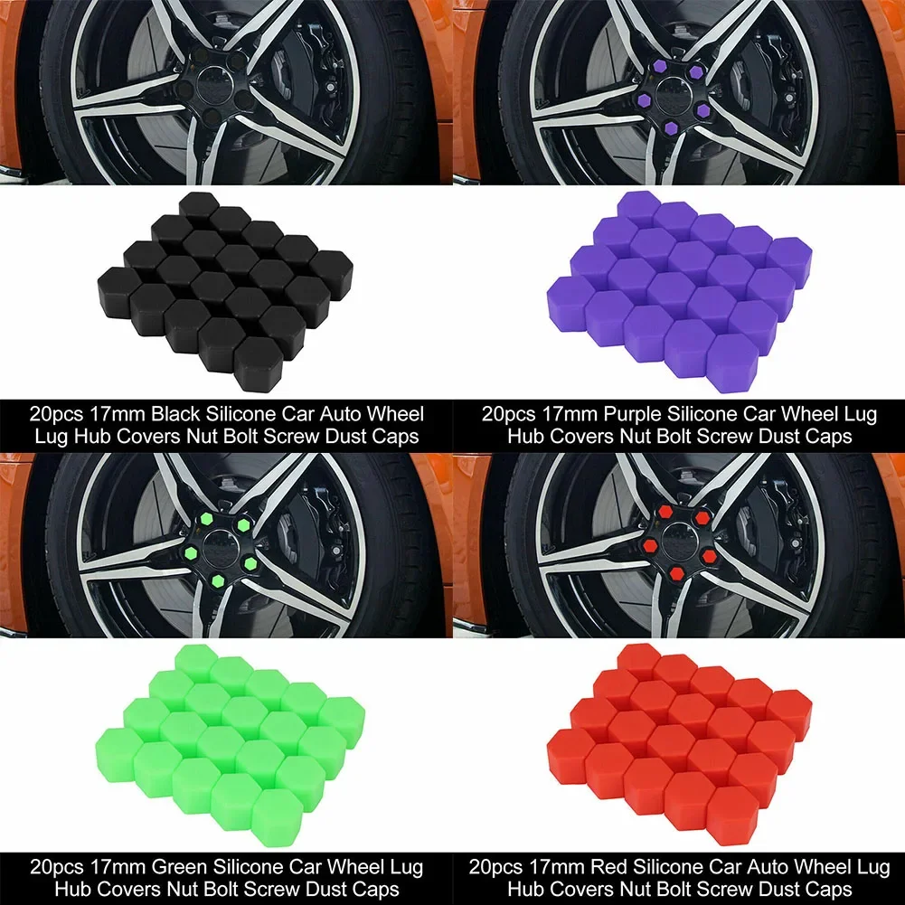 20pcs Silicone Car Rim Wheel Nut Screw Cover Lug Dust Bolt Cover Wheel Hub Purple/Green + Black Clip 17mm Silicone Soft Rubber