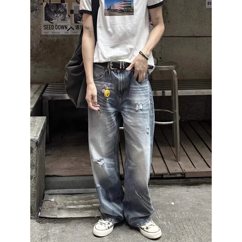 

YIBASHU 2026 Summer Women Y2k Blue Ripped Jeans Baggy Harajuku Aesthetic Denim Trousers Vintage Japanese 2000s Style Jeans Pants