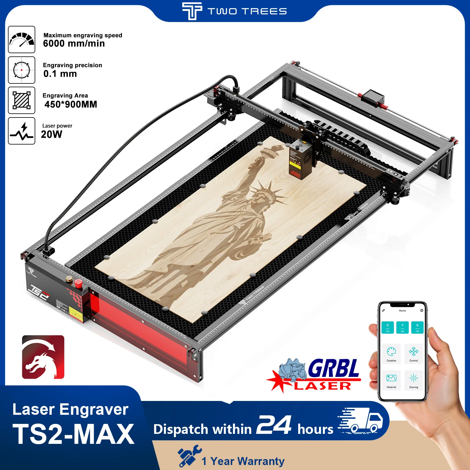 Mesin Pengukir Laser Logam Twotrees TS2-20Max Area Pengukiran 450x900mm Router CNC Alat Pemotong Laser Pengukir Laser