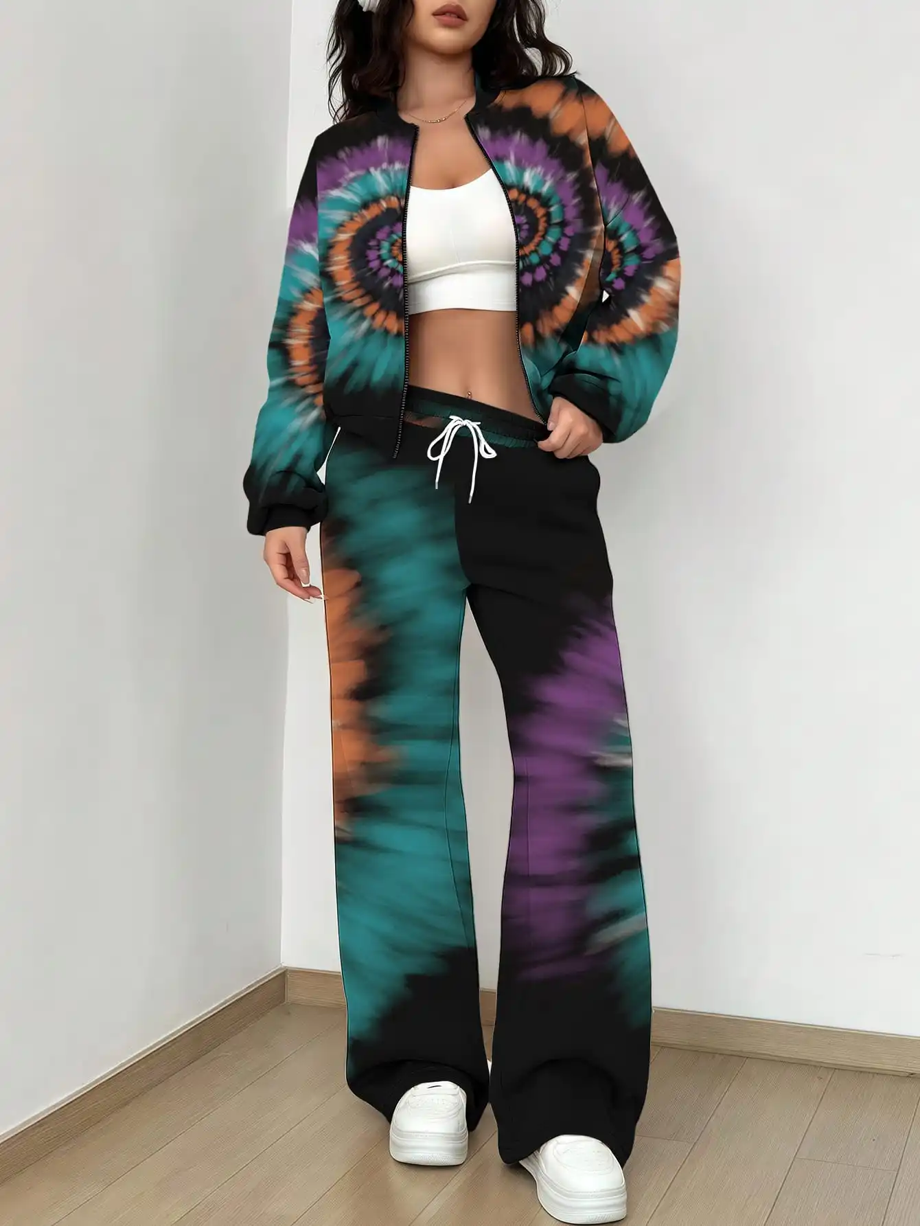 Conjunto de jaqueta e calças com zíper de manga comprida floral retrô francês, conjunto de duas peças suave e elegante