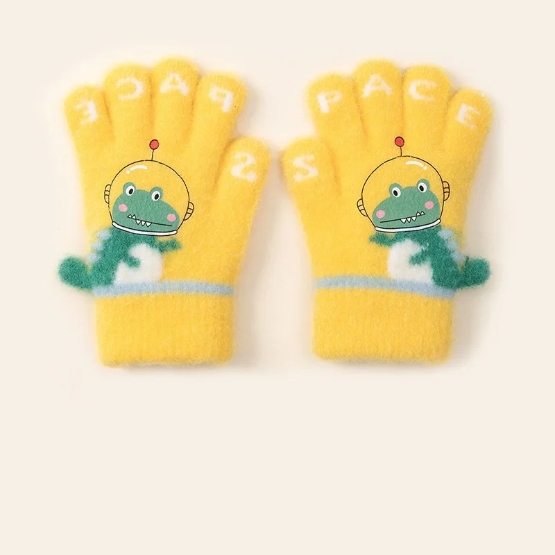 Sarung Tangan Dinosaurus Kartun Lucu Anak Laki-laki Musim Dingin Sarung Tangan Rajutan Hangat Anak-anak Sarung Tangan Lima Jari Sarung Tangan Rajut Anak-anak TK 3-8Y