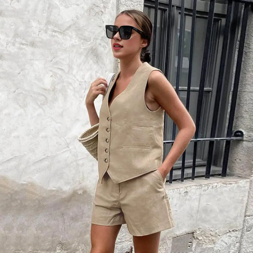 

Women Vest Pants Set Stylish 2-piece Vest Shorts Set with V-neck Cardigan High Waist Shorts for Women Commute Outfit with Side