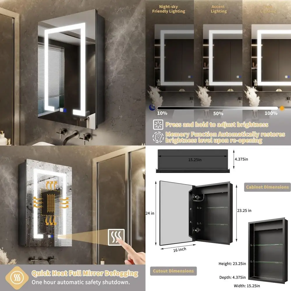 

24-Inch LED-Illuminated Bathroom Medicine Cabinet with Mirror, Suitable for Recessed or Surface Mount Installation, Black Frame,