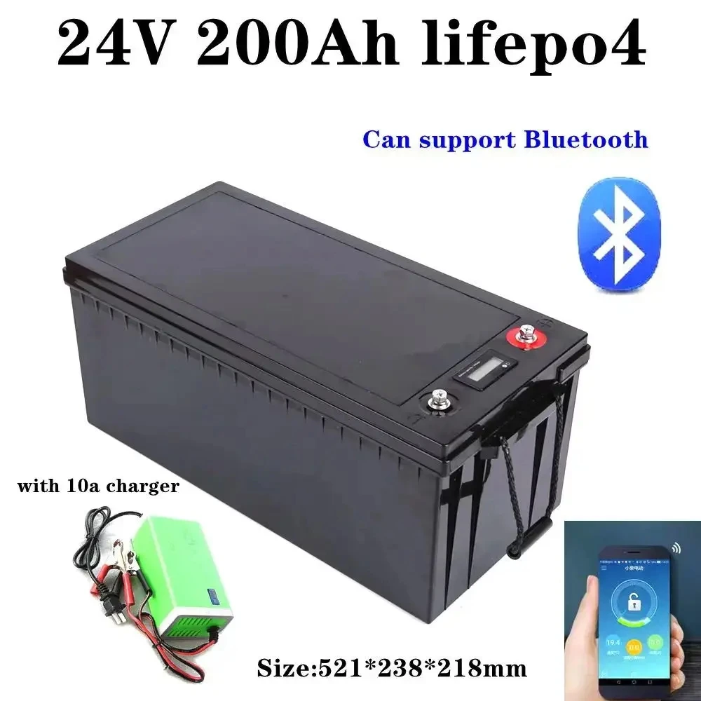 

24V 200AH lifepo4 lithium Battery with bluetooth BMS APP for 2000W Inverter Solar RV golf cart backup power + 10A Charger